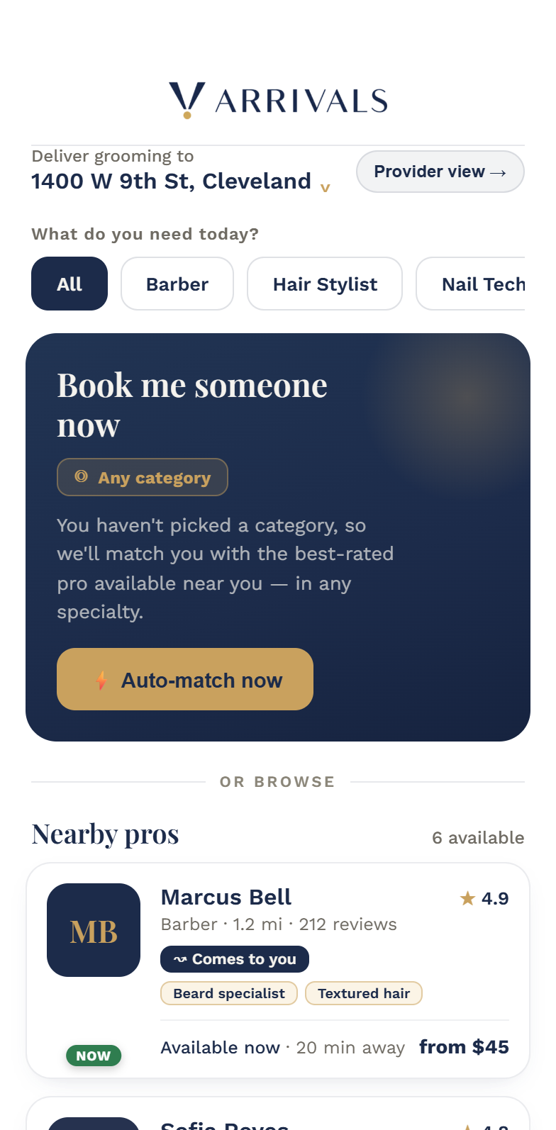 Arrivals app home screen showing the auto-match card, category filters, and nearby provider cards
