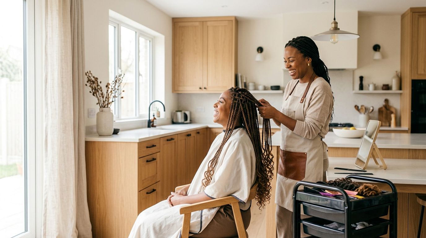 A stylist braiding a smiling client's hair in her own sunlit kitchen