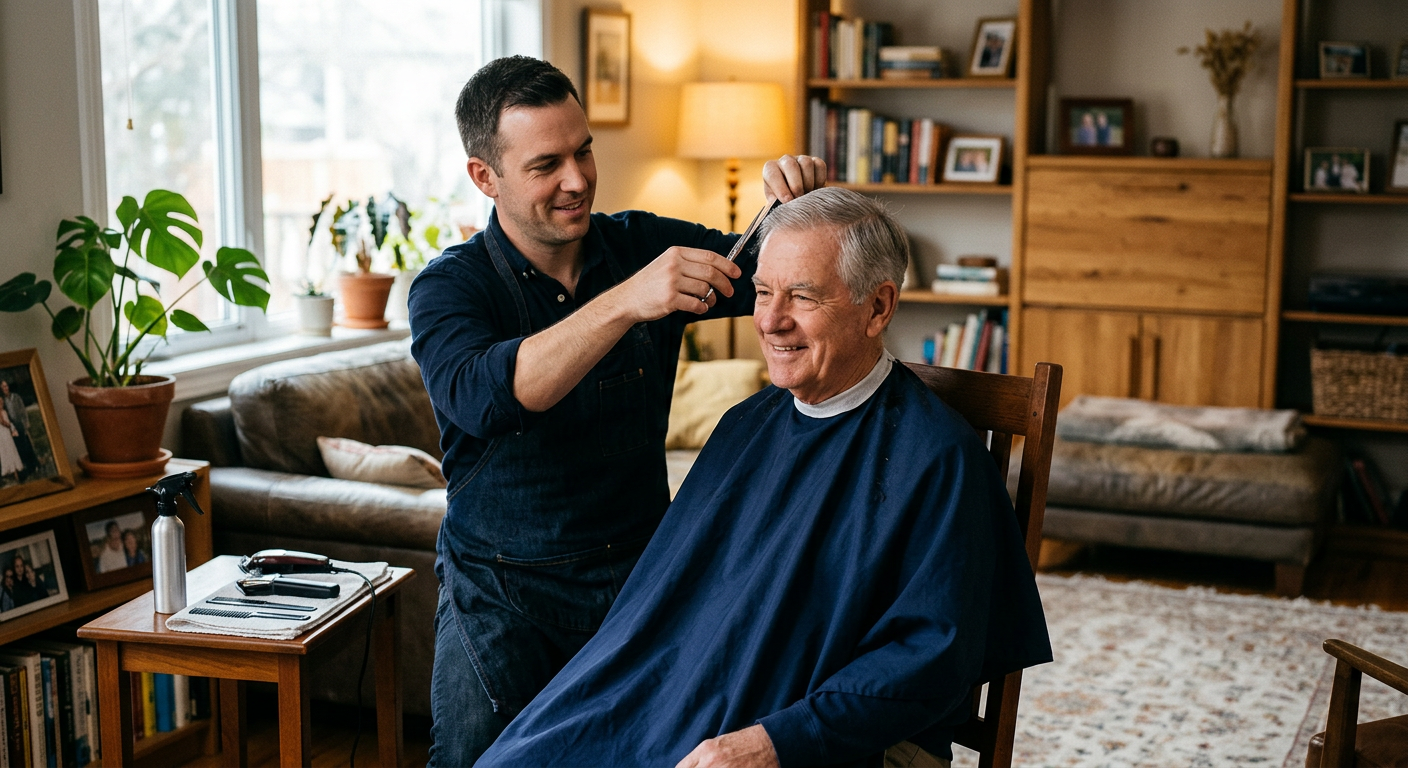 A barber giving an older man a haircut in his own living room